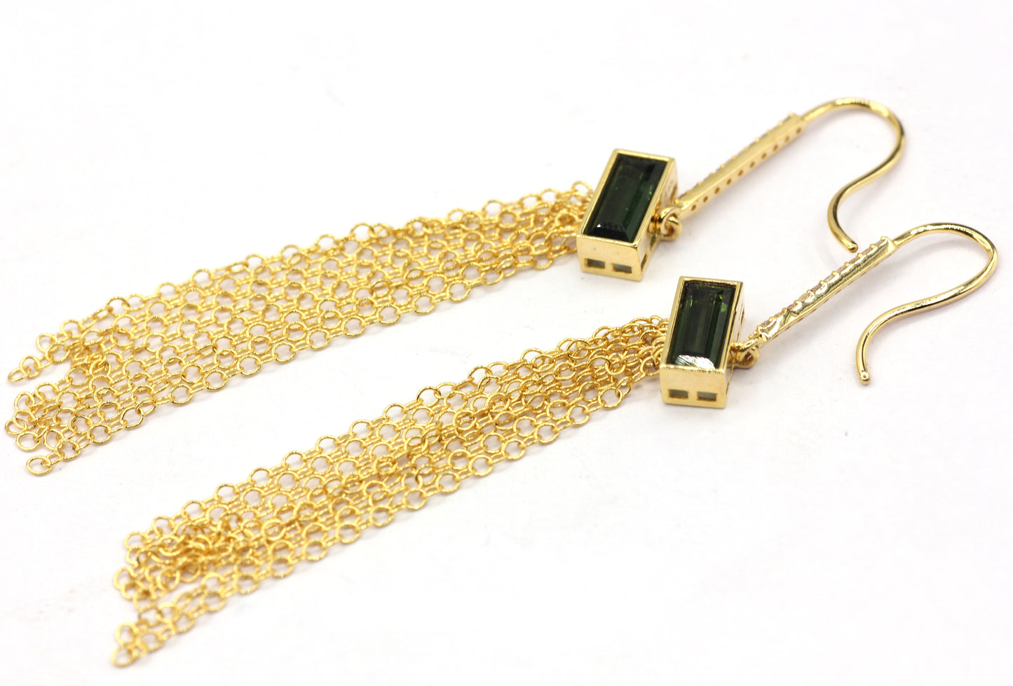14K Gold and Diamond Dangle Earrings with Green Tourmaline and Chain Tassels