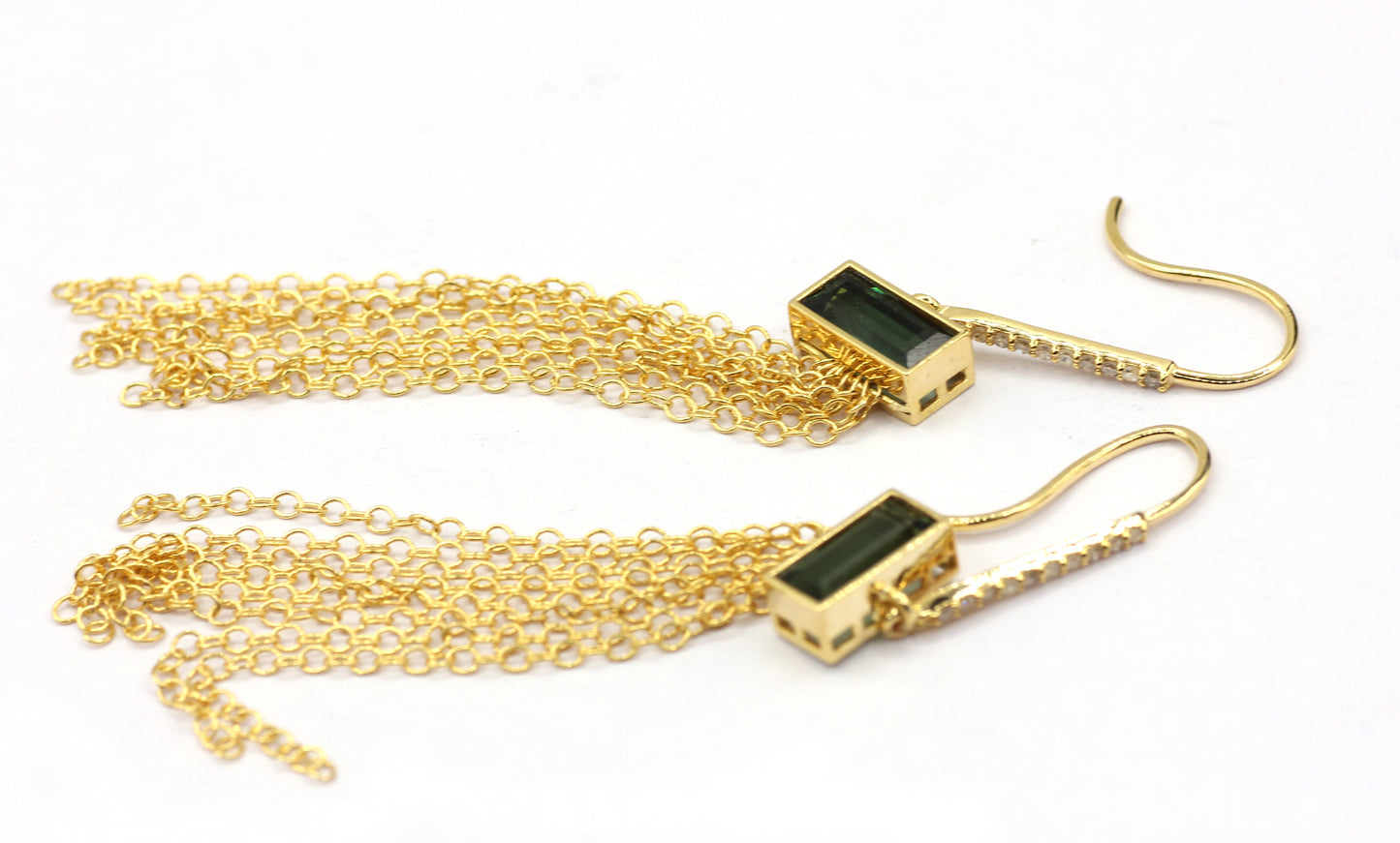 14K Gold and Diamond Dangle Earrings with Green Tourmaline and Chain Tassels