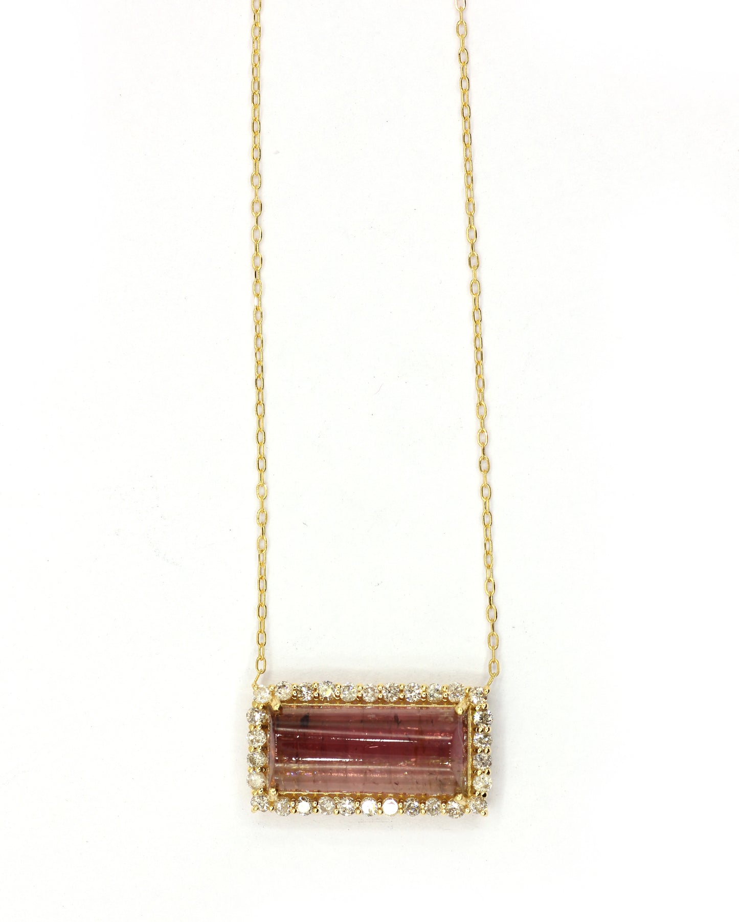14k Solid Gold Diamond Necklace With Pink Tourmaline Stone