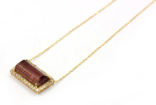14k Solid Gold Diamond Necklace With Pink Tourmaline Stone