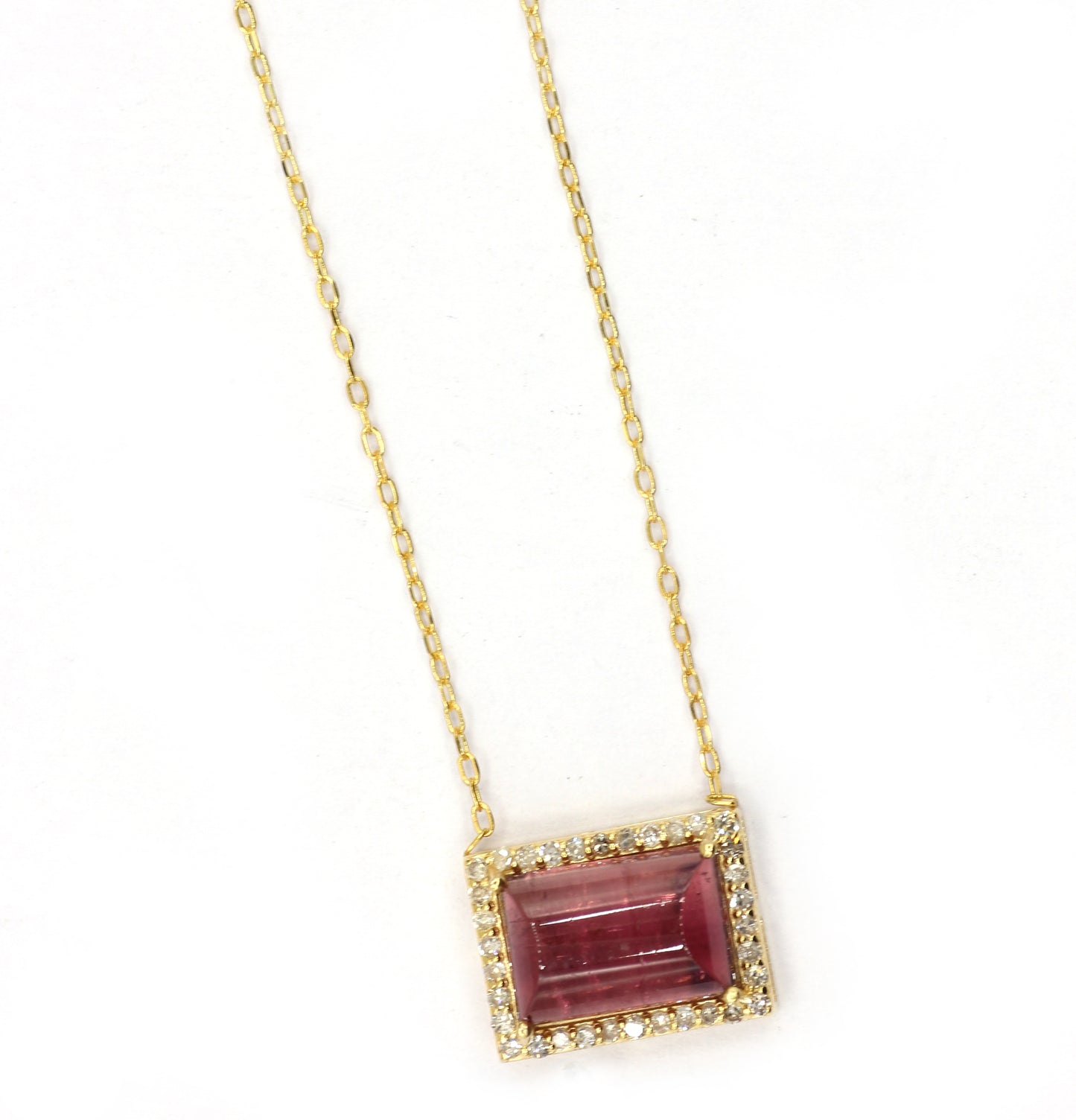 14k Solid Gold Diamond Necklace With Pink Tourmaline Stone