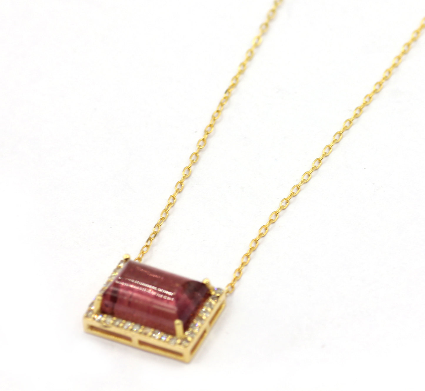 14k Solid Gold Diamond Necklace With Pink Tourmaline Stone