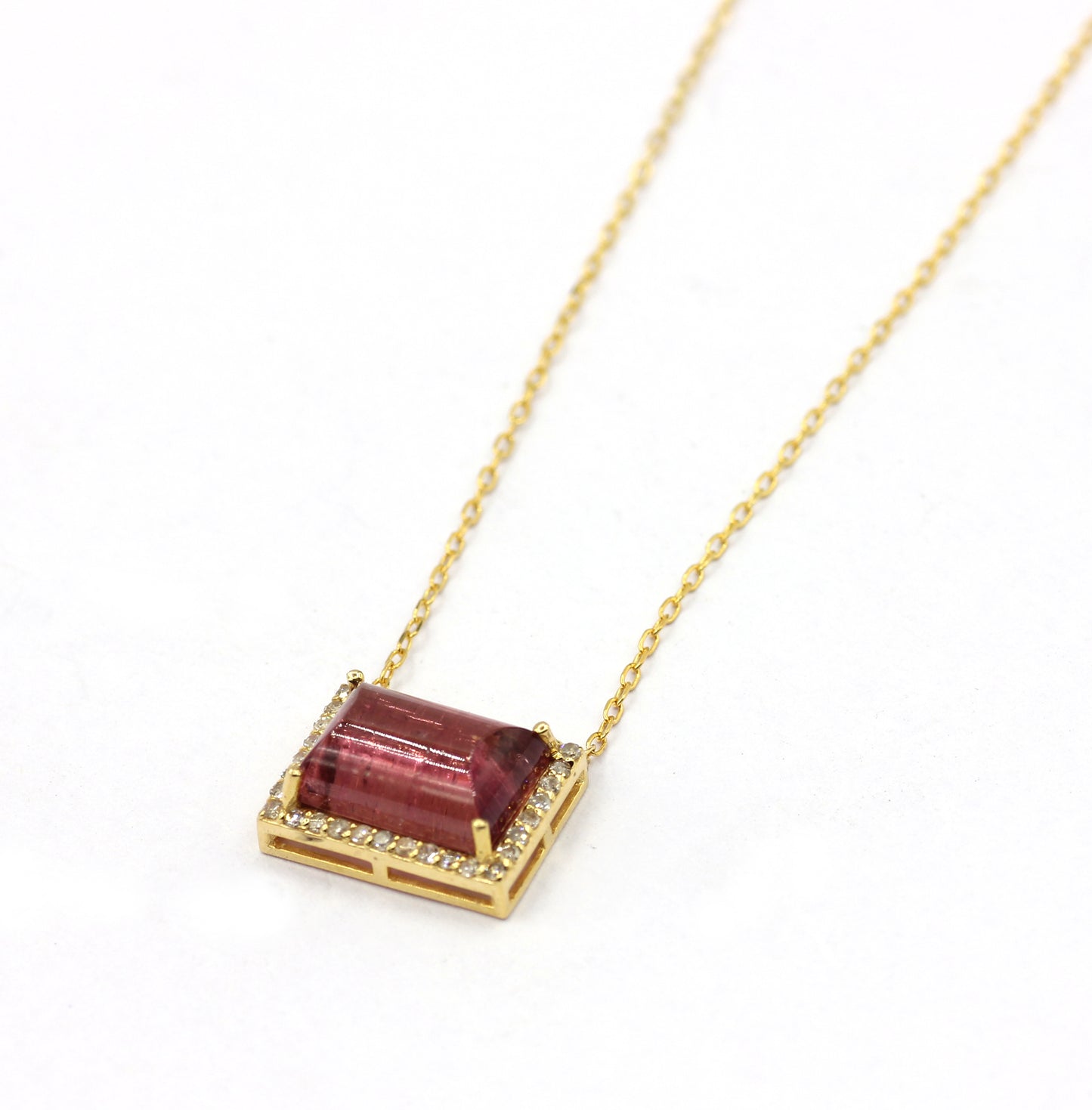 14k Solid Gold Diamond Necklace With Pink Tourmaline Stone
