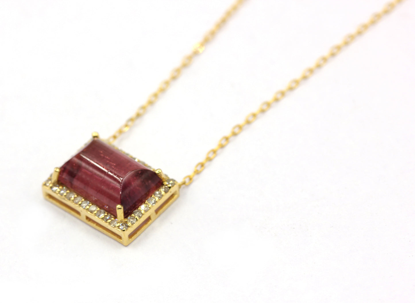 14k Solid Gold Diamond Necklace With Pink Tourmaline Stone