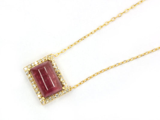 14k Solid Gold Diamond Necklace With Pink Tourmaline Stone