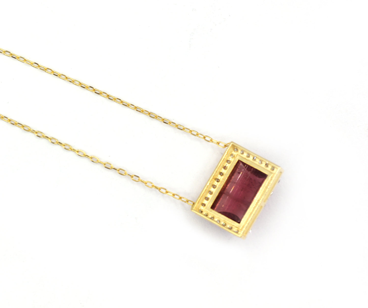 14k Solid Gold Diamond Necklace With Pink Tourmaline Stone