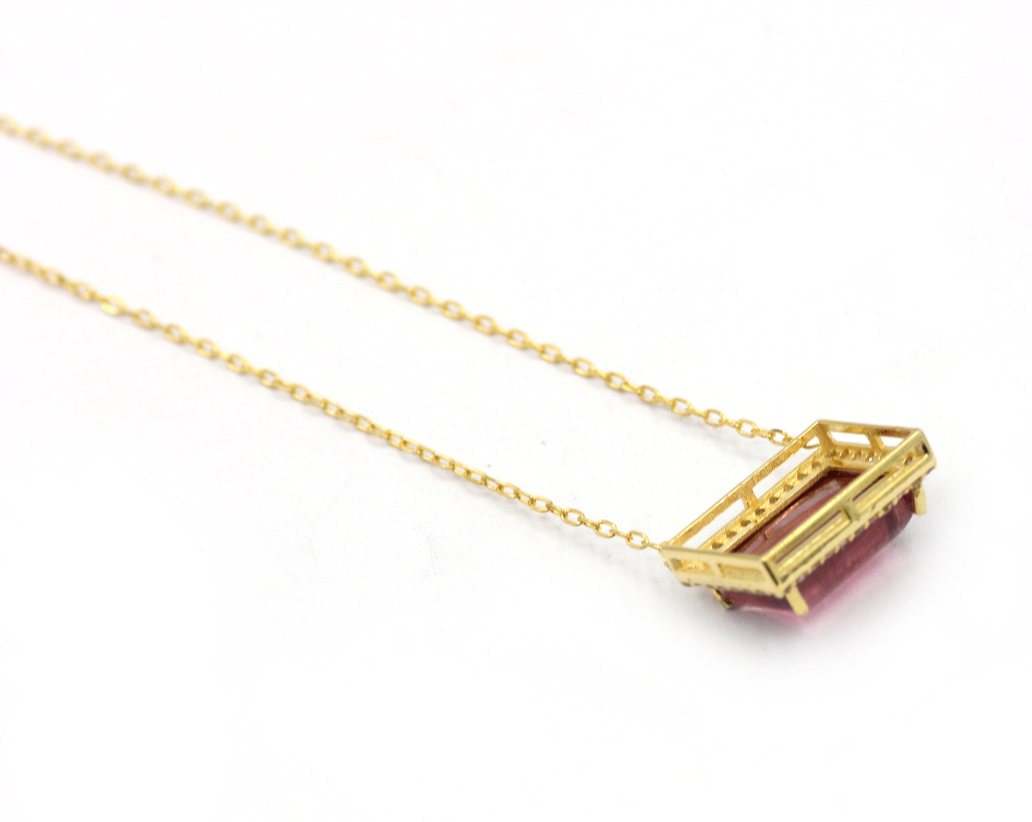 14k Solid Gold Diamond Necklace With Pink Tourmaline Stone