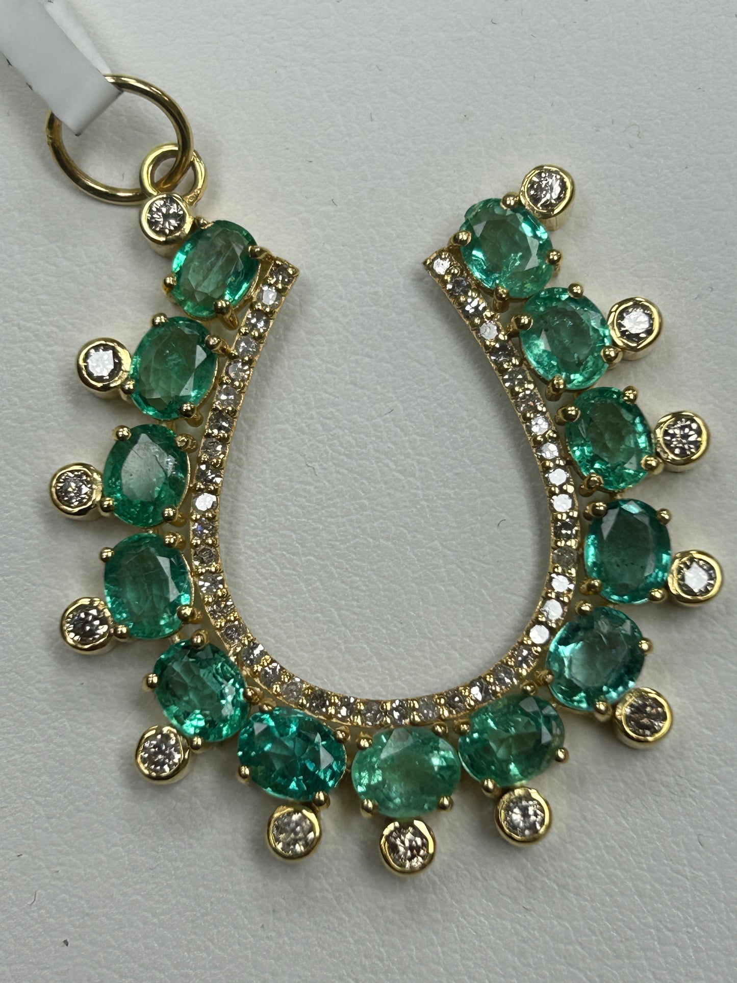 14k Solid Gold Horse Shoe Pendant with Emerald and Diamonds