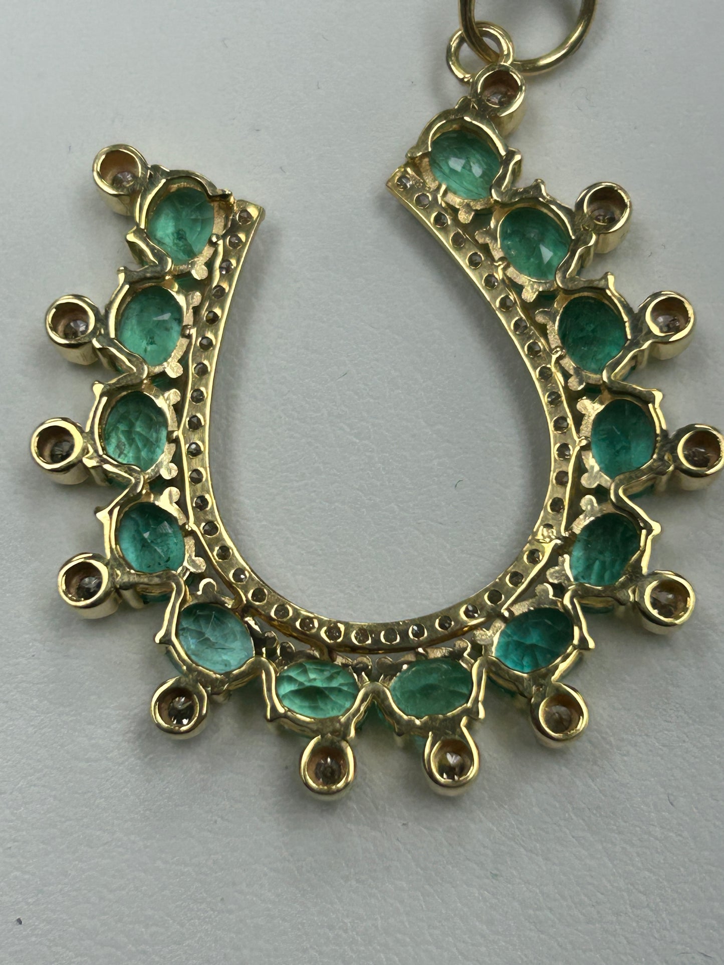 14k Solid Gold Horse Shoe Pendant with Emerald and Diamonds
