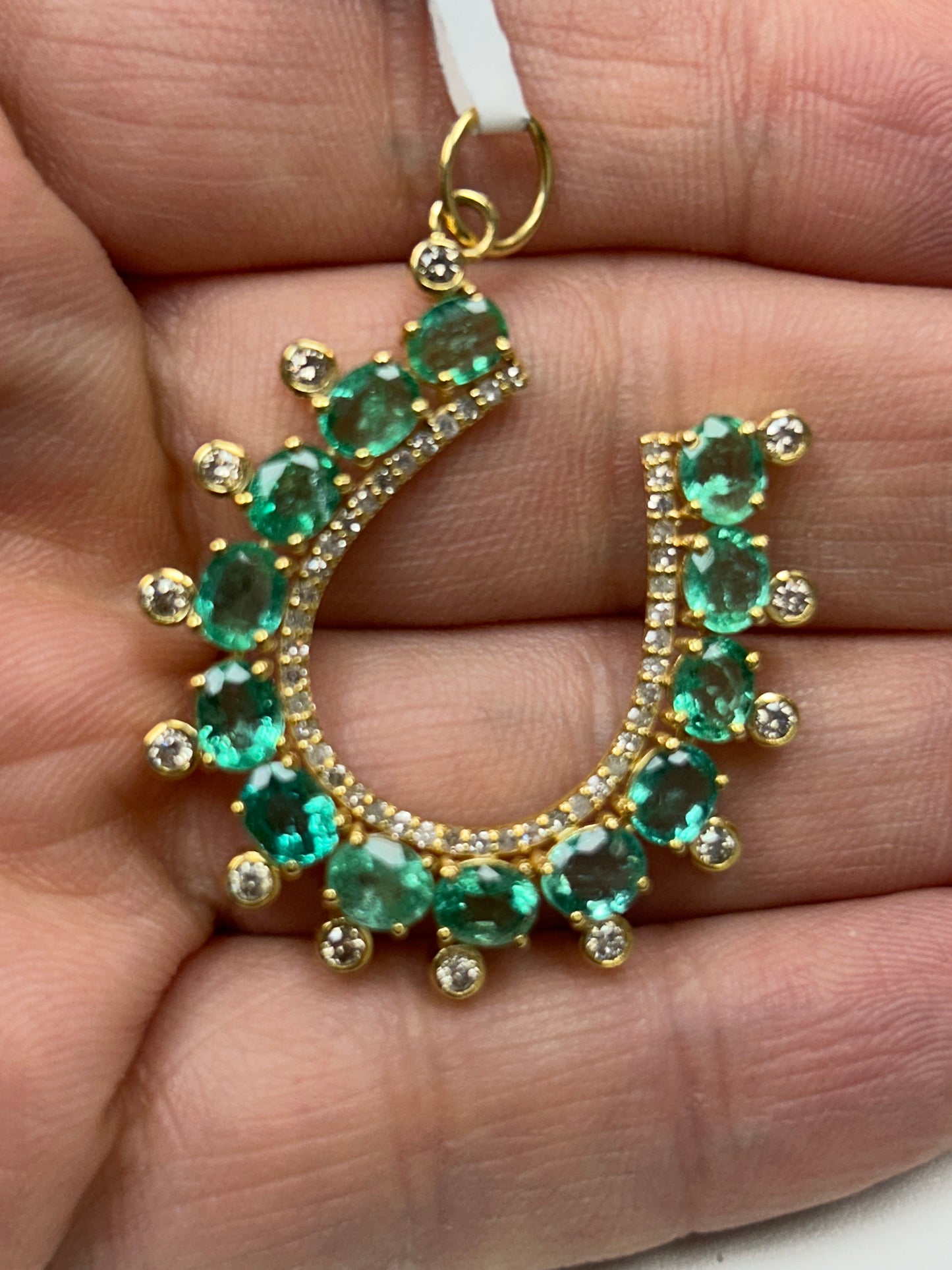 14k Solid Gold Horse Shoe Pendant with Emerald and Diamonds