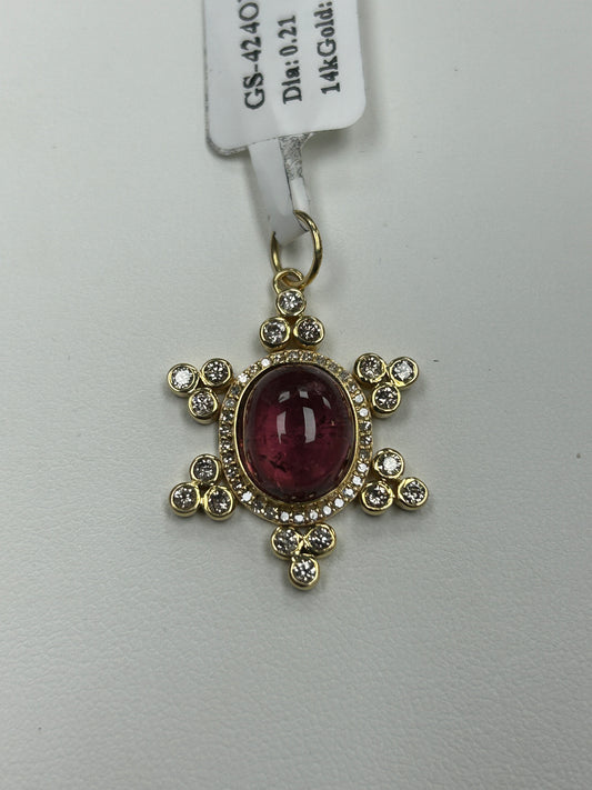 14K SOLID GOLD OVAL SHAPE PINK TOURMALINE AND DIAMOND PENDANT