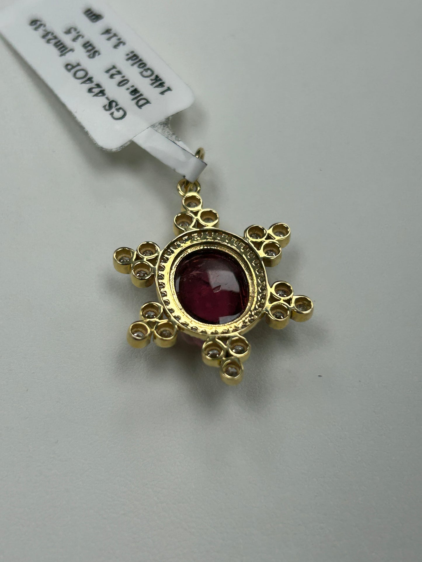 14K SOLID GOLD OVAL SHAPE PINK TOURMALINE AND DIAMOND PENDANT