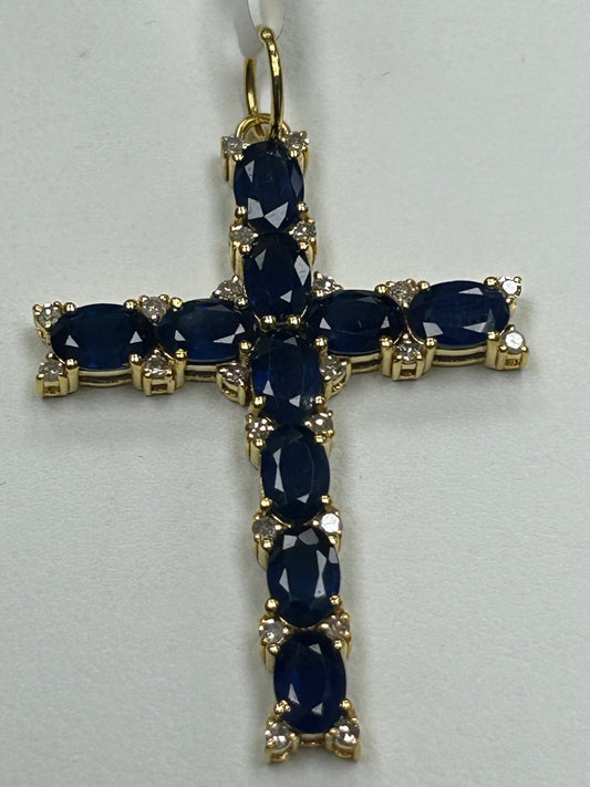 14K SOLID GOLD CROSS PENDANT WITH BLUE SAPPHIRE AND DIAMONDS