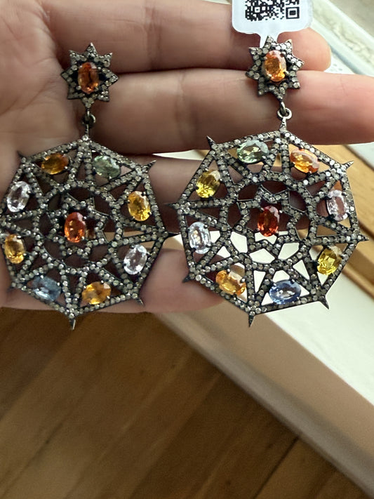 Star Diamond Silver Earring .925 Oxidized Sterling Silver Diamond Earring, Genuine handmade pave diamond Earring Size 2.24"(37 x 56 MM )