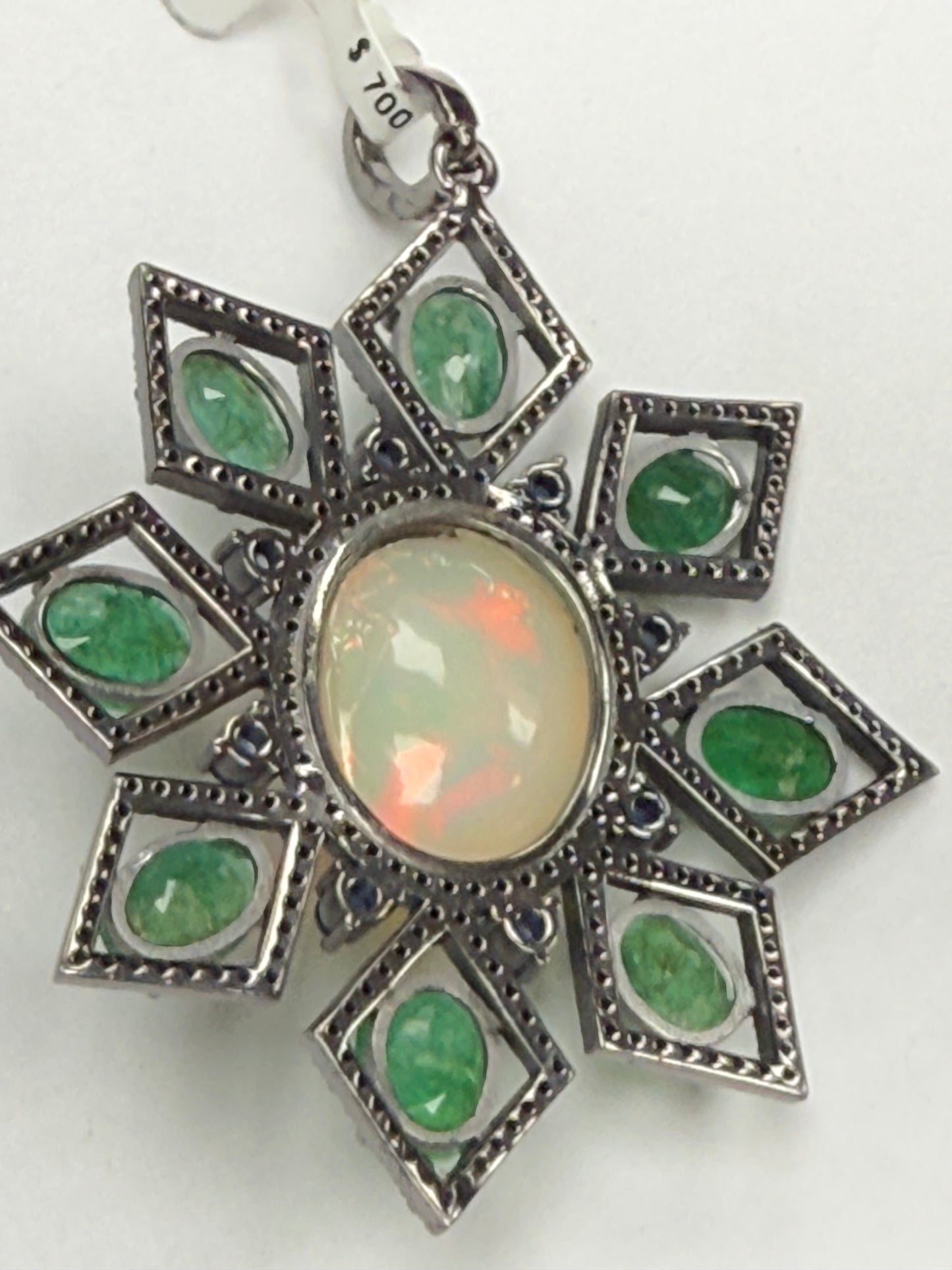 Emerald Opal Sapphire Stone Silver Pave Diamond Pendant