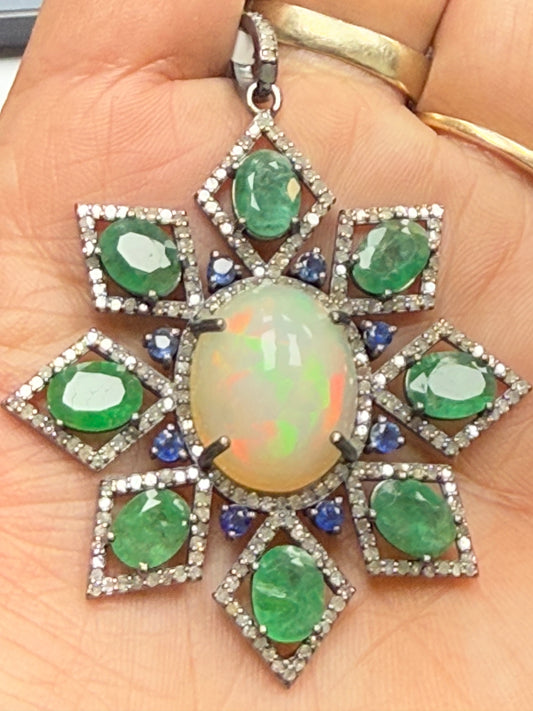 Emerald Opal Sapphire Stone Silver Pave Diamond Pendant