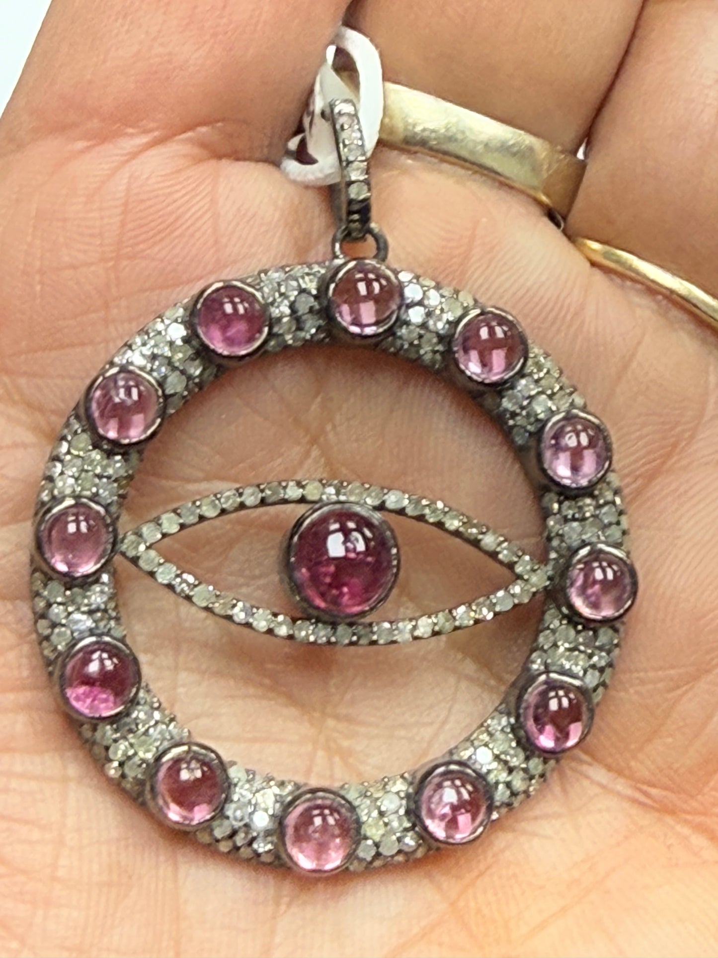 Evil Eye Stone Silver Pave Diamond Pendant