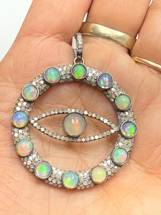 Evil Eye Stone Silver Pave Diamond Pendant