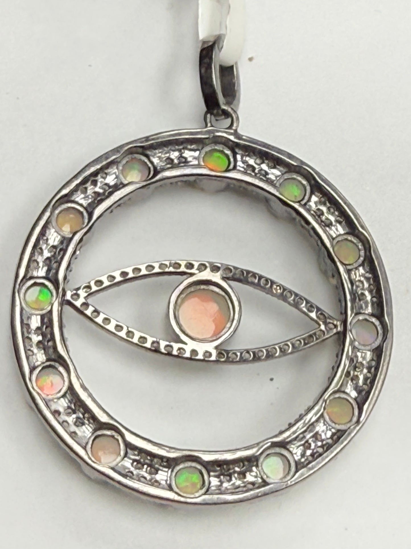 Evil Eye Stone Silver Pave Diamond Pendant