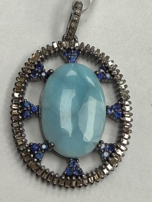 Larimar Sapphire Oval Tapper Baguette Diamond Pendant