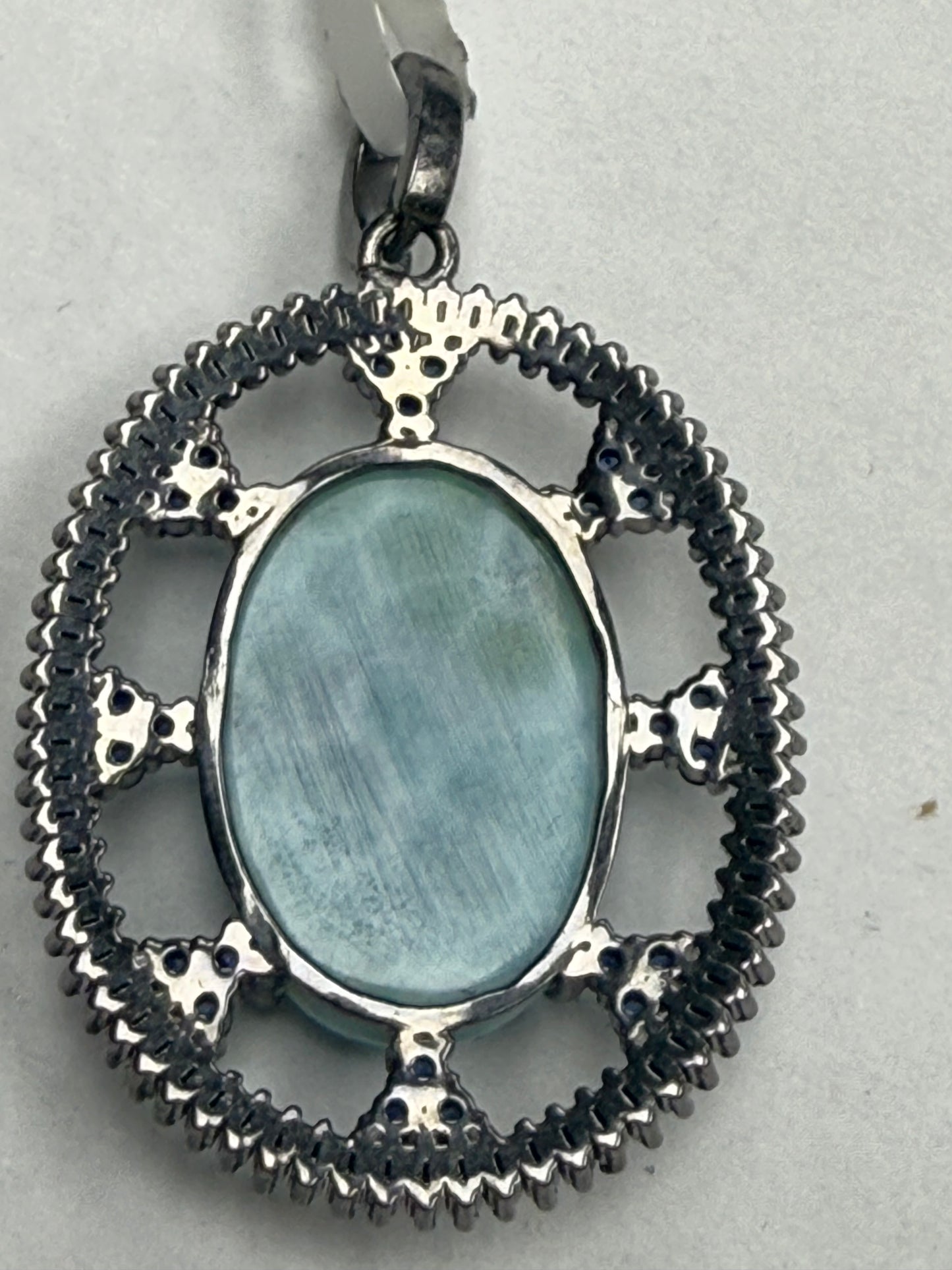 Larimar Sapphire Oval Tapper Baguette Diamond Pendant