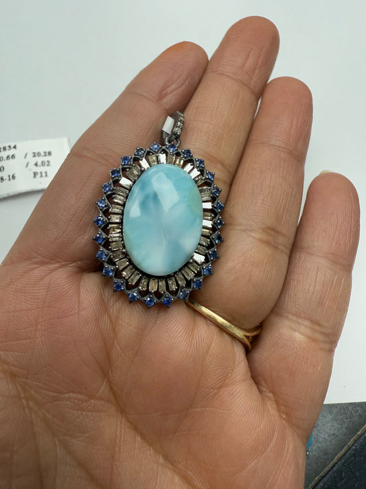 Larimar Sapphire Baguette Diamond Pendant