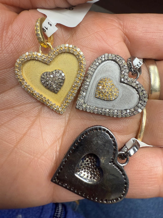 Heart Shape Matte Silver Pave Diamond Pendant