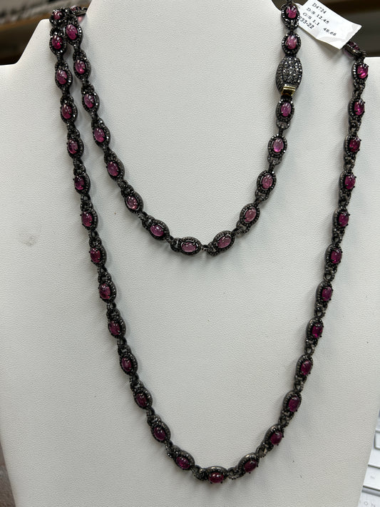 Natural Pink Tourmaline With Diamond Long Necklace