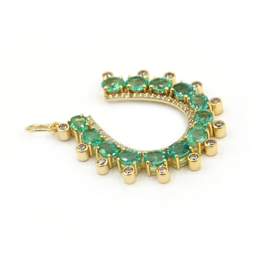 14k Solid Gold Horse Shoe Pendant with Emerald and Diamonds