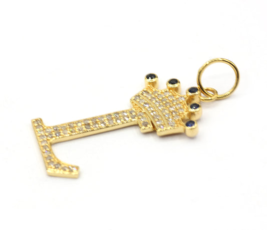14K Gold Crown Initial Pendant with Diamonds and Blue Sapphires