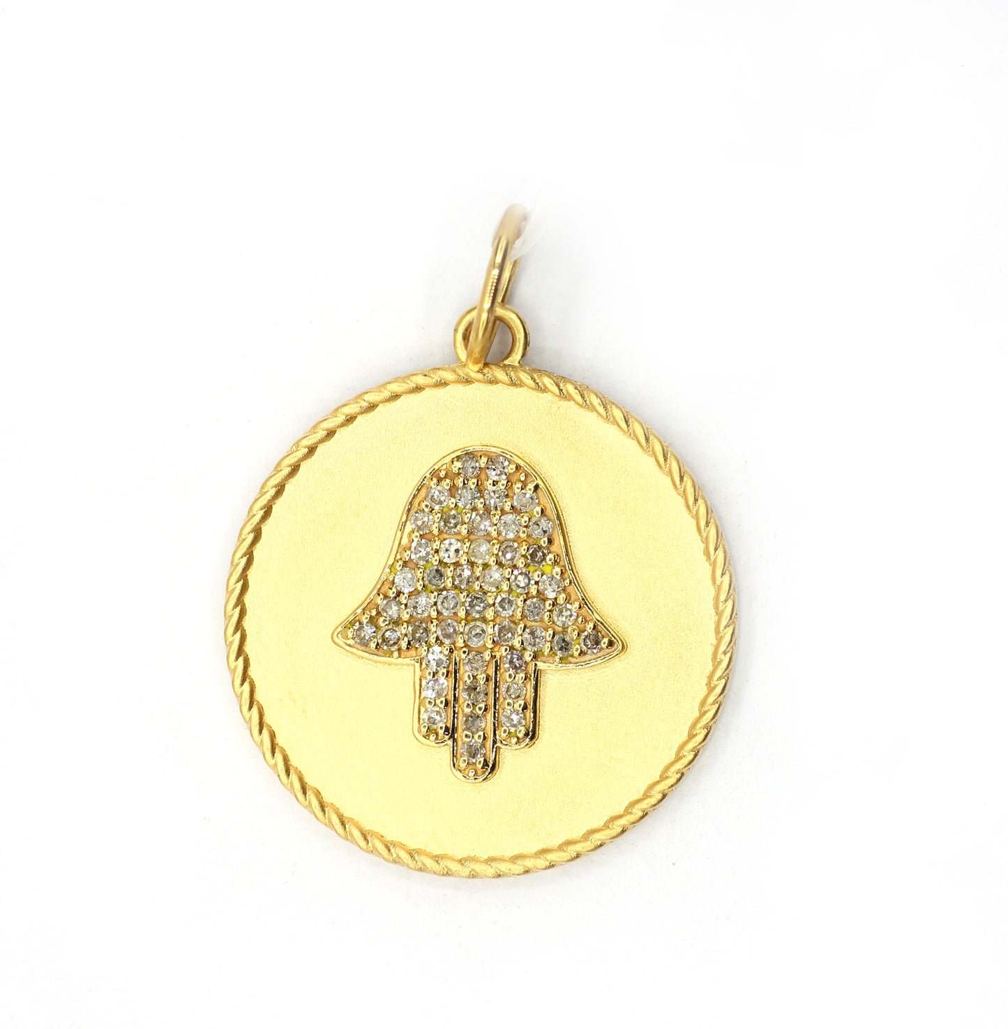 Round Disk on Hamsa hand 14k Solid Gold Diamond Pendants.