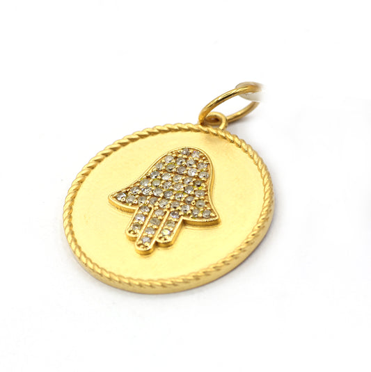 Round Disk on Hamsa hand 14k Solid Gold Diamond Pendants.