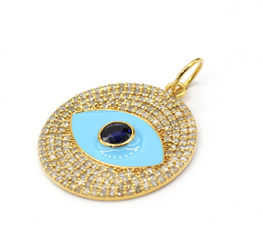 Round Evil Eye 14k Solid Gold Diamond Pendants.
