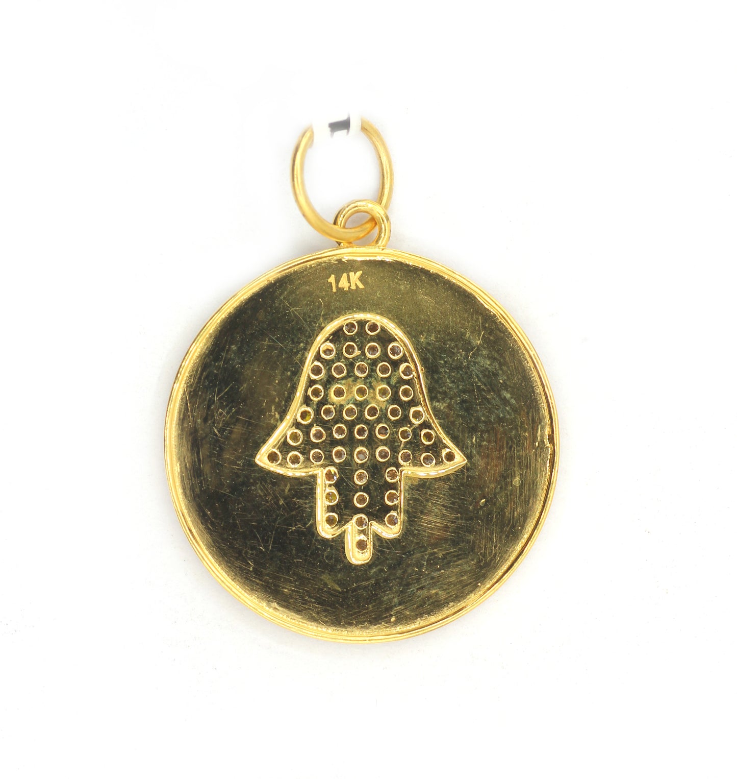 Round Disk on Hamsa hand 14k Solid Gold Diamond Pendants.