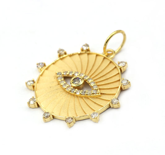 Round Evil Eye 14k Solid Gold Diamond Pendants.