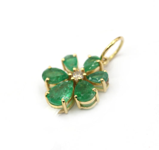 Flower 14k Solid Gold Diamond With Emerald Stone Pendants.