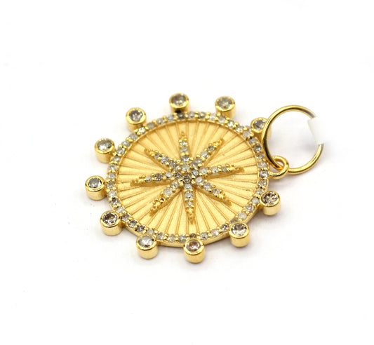 Round Disk On Star 14k Solid Gold Diamond Pendants.