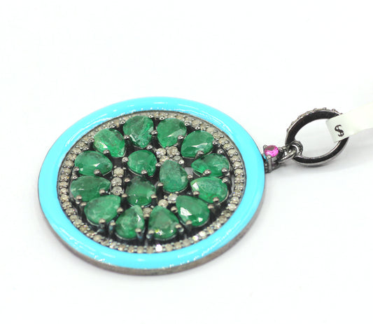 Enamel Round Shaped Diamond Pendant