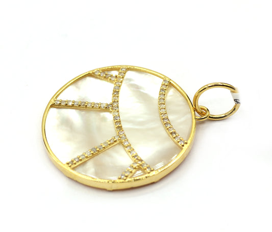 Round Mother Of Pearl 14k Solid Gold Diamond Pendants.