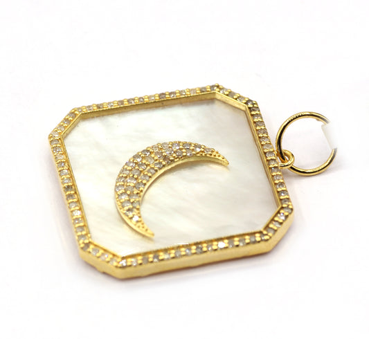14k Solid Gold Diamond Pendants With Mother of Pearl Stone .