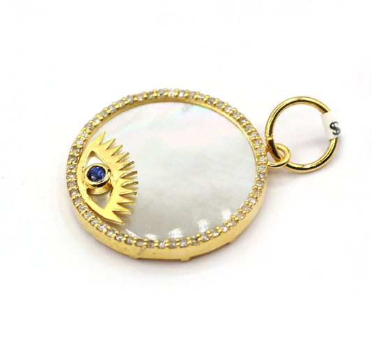 Evil Eye 14k Solid Gold Diamond Pendants With Mother of Pearl Stone .