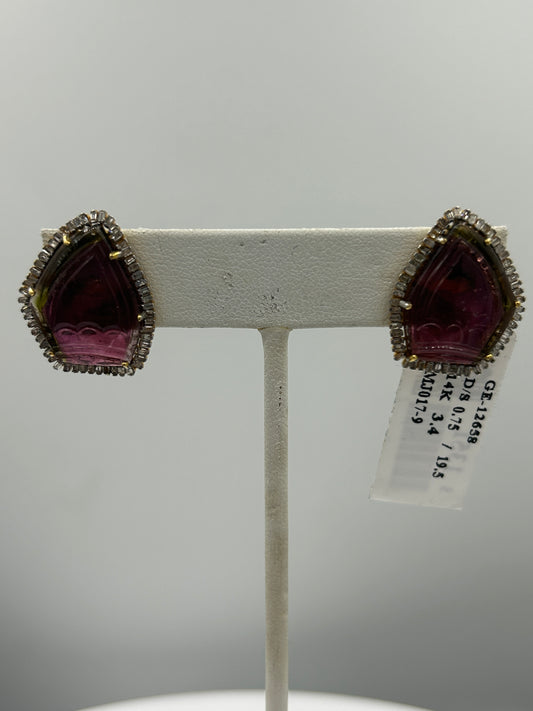 Pink Tourmaline 14k Solid Gold Diamond Earring.14k Solid Gold Diamond Earring..