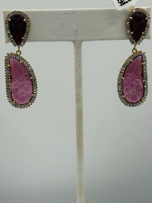 Pink tourmaline 14k Solid Gold Diamond Earring