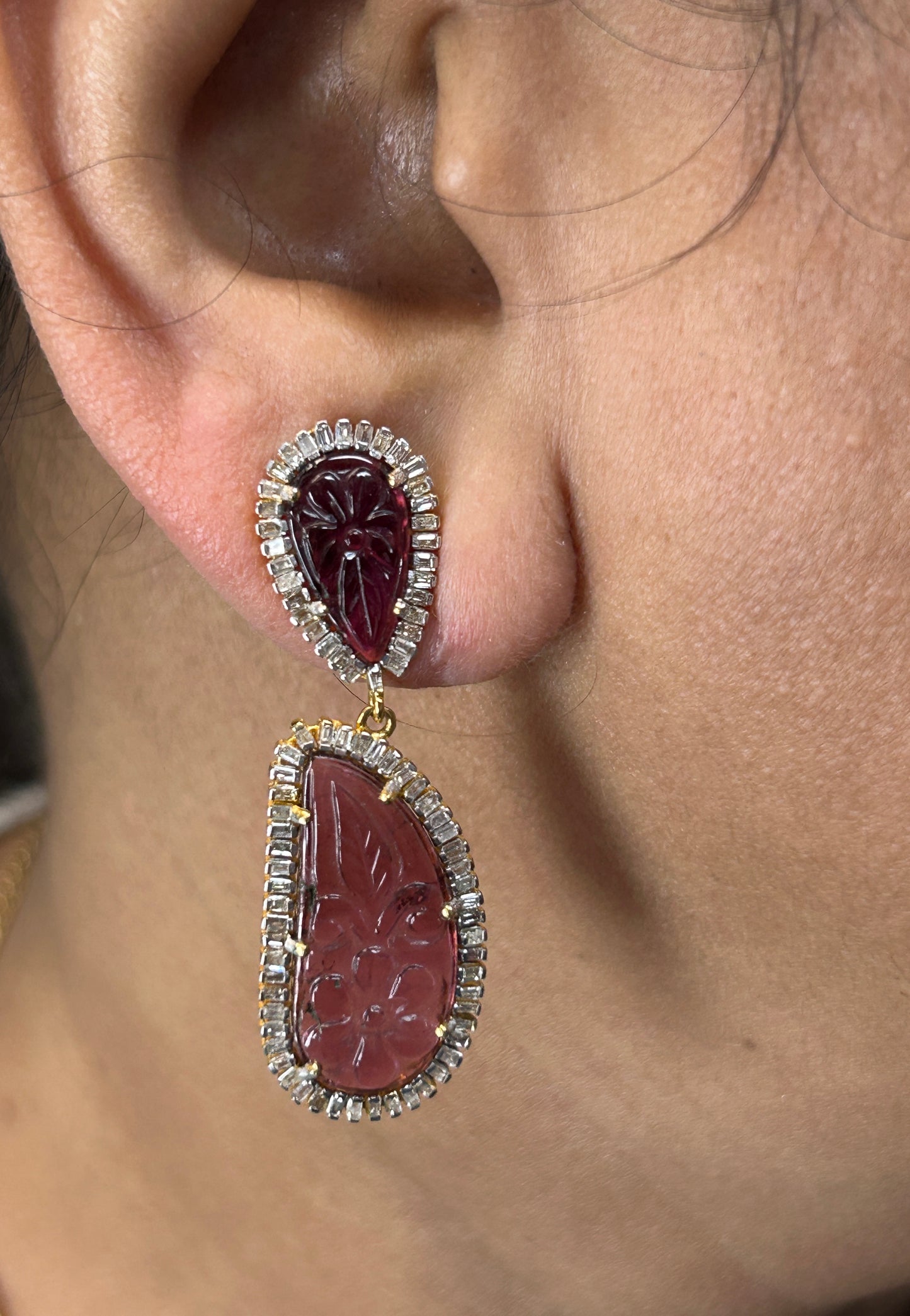 Pink tourmaline 14k Solid Gold Diamond Earring