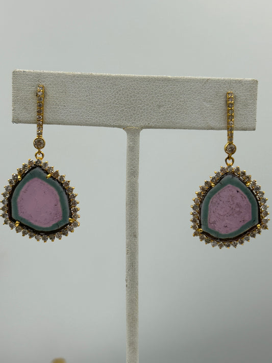 Pink Tourmaline 14k Solid Gold Diamond Earring