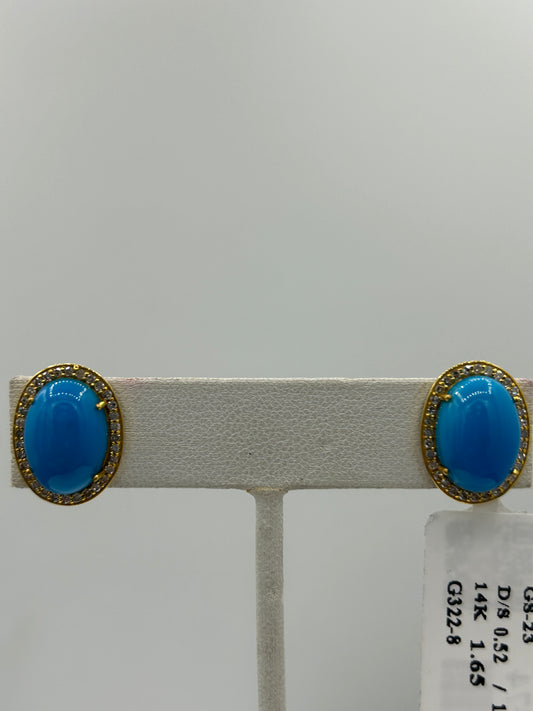 Turquoise Oval 14k Solid Gold Diamond Stud Earring.14k Solid Gold Diamond Earring..