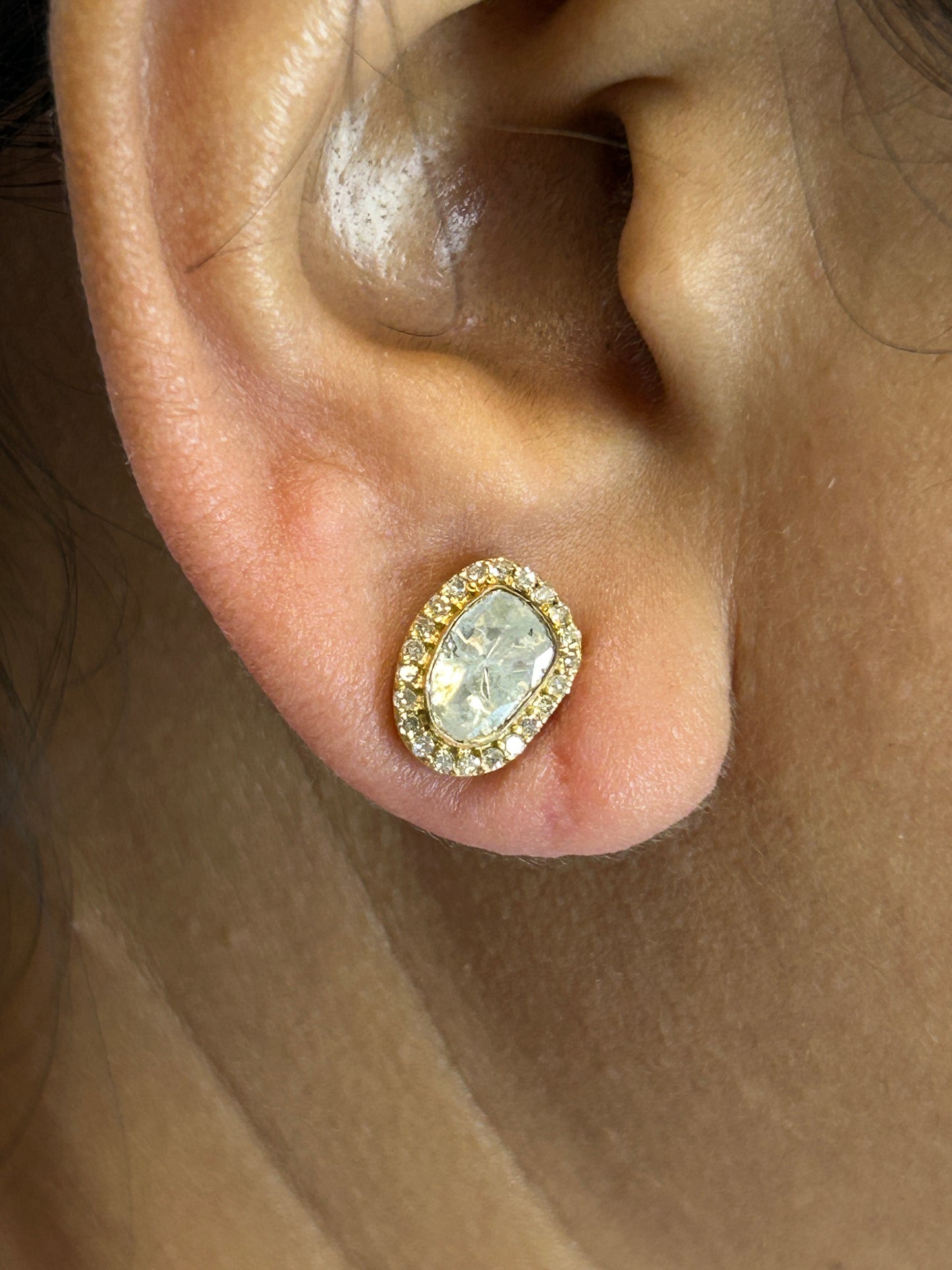 Polki 14k Solid Gold Diamond Stud Earring. Genuine handmade pave diamond Earring. 14k Solid Gold Diamond Earring..