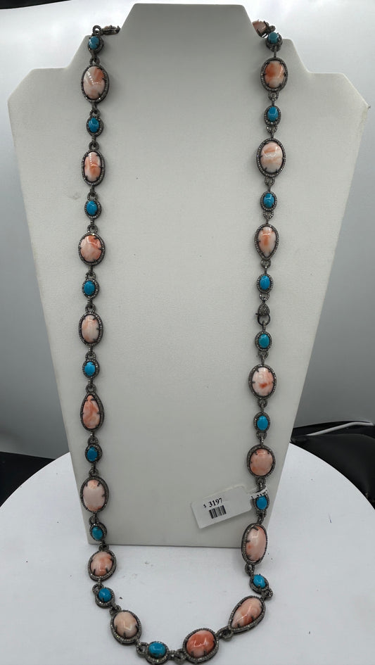 Turqouise and Coral Necklace with Diamonds