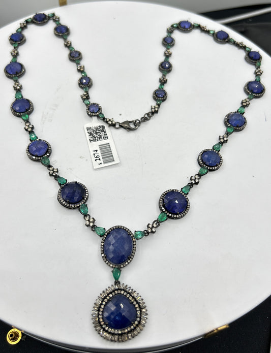 Tanzanite and Emerald Long Necklace with Diamonds