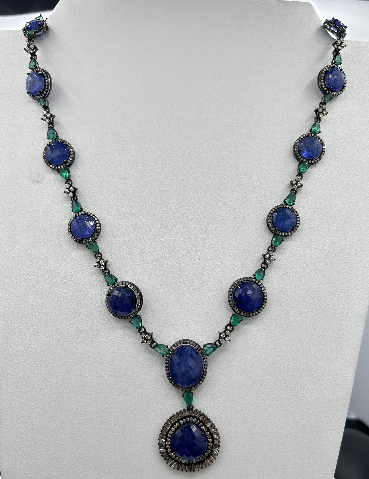 Tanzanite and Emerald Long Necklace with Diamonds